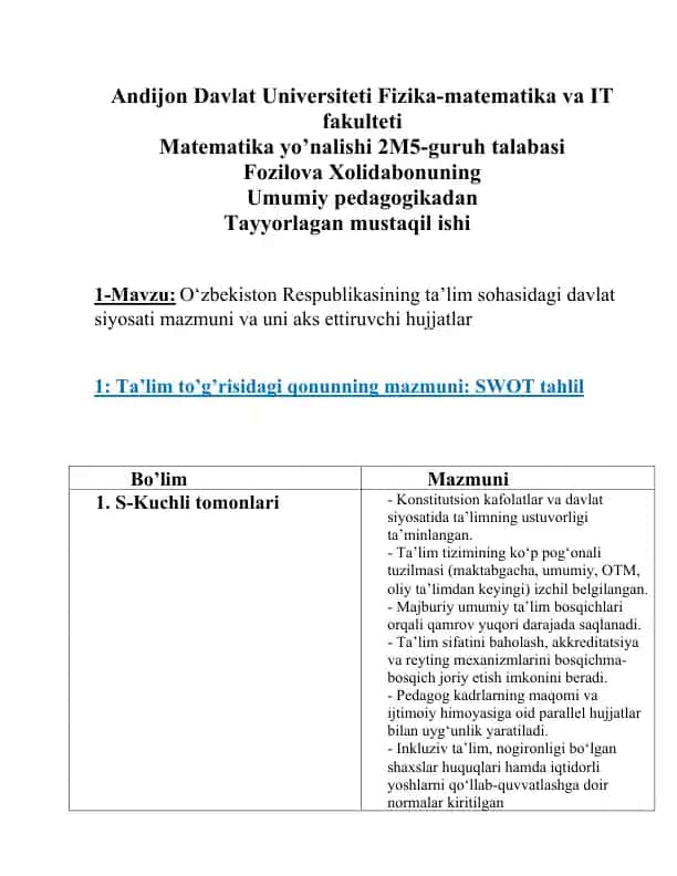 Umumiy pedagogikadan Tayyorlagan mustaqil ishi