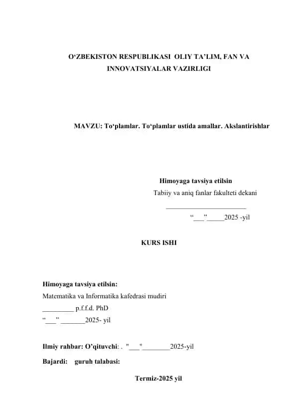 To'plamlar ustida amallar. Akslantirishlar