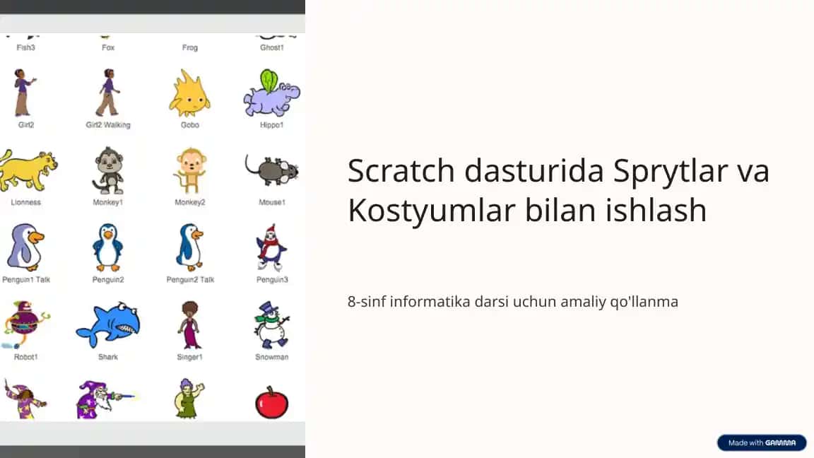 Scratch dasturida Sprytlar va kostyumlar bilan ishlash