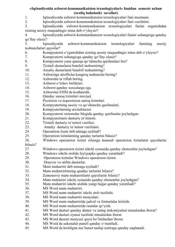 Iqtisodiyotda axborot-kommunikatsion texnologiyalari fanidan semestr uchun savollari