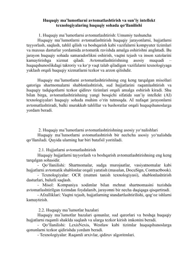 Huquqiy ma’lumotlarni avtomatlashtirish va sun’iy intellekt texnologiyalaring huquqiy sohada qo‘llanilishi