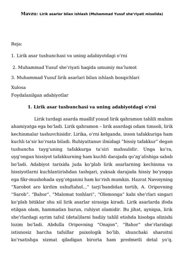 Lirik asarlar bilan ishlash (Muhammad Yusuf she’riyati misolida)