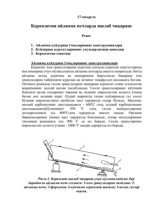 Керамзитни айланма печларда ишлаб чиқариш