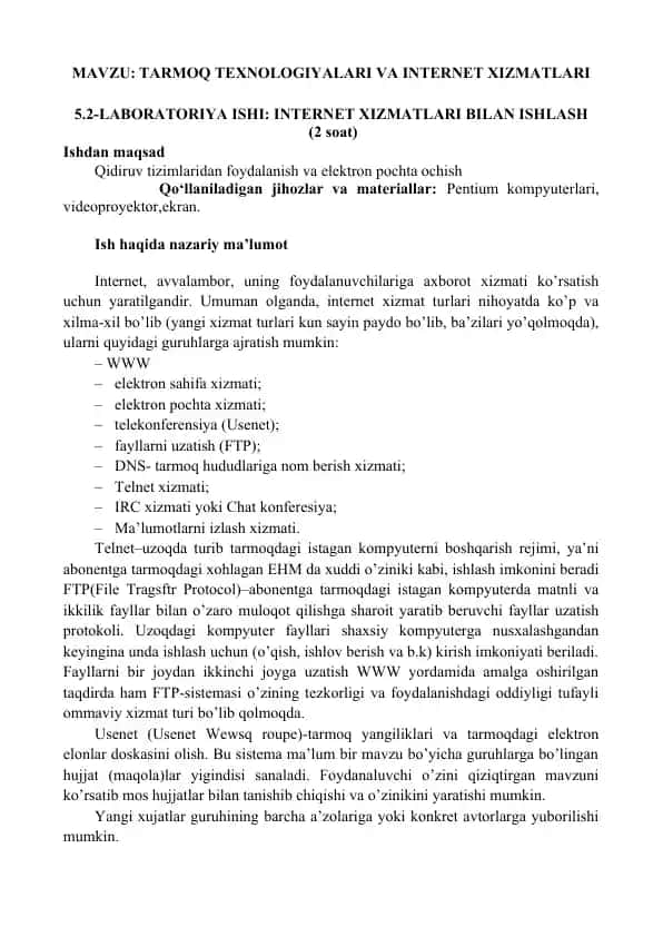 INTERNET XIZMATLARI BILAN ISHLASH