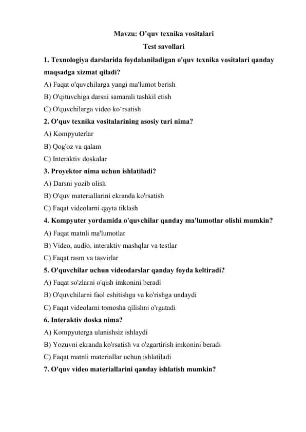 O’quv texnika vositalari test savollari
