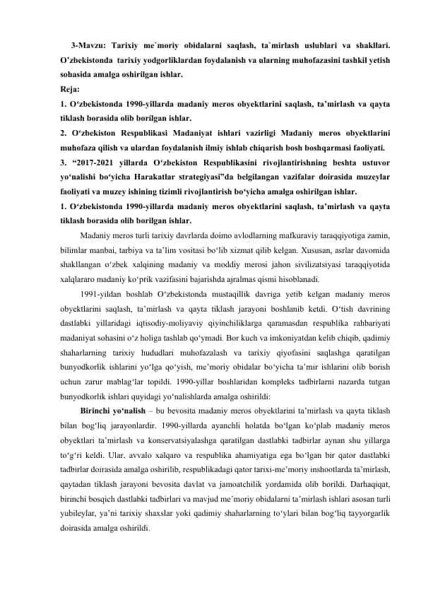 Tarixiy me`moriy obidalarni saqlash, ta`mirlash uslublari va shakllari