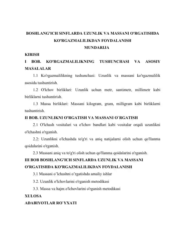Uzunlik va Massa O'rgatishda Ko'rgazmalilikdan Foydalanish
