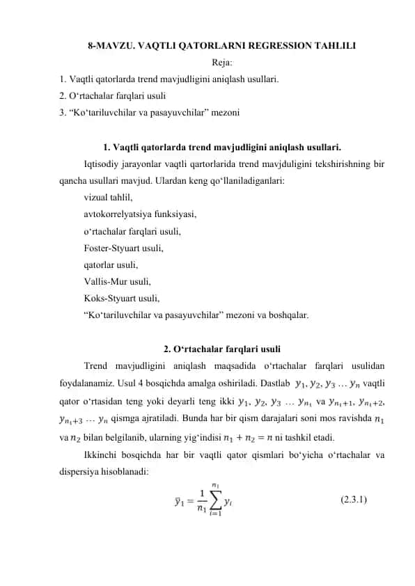 Vaqtli Qatorlarni Regression Tahlili