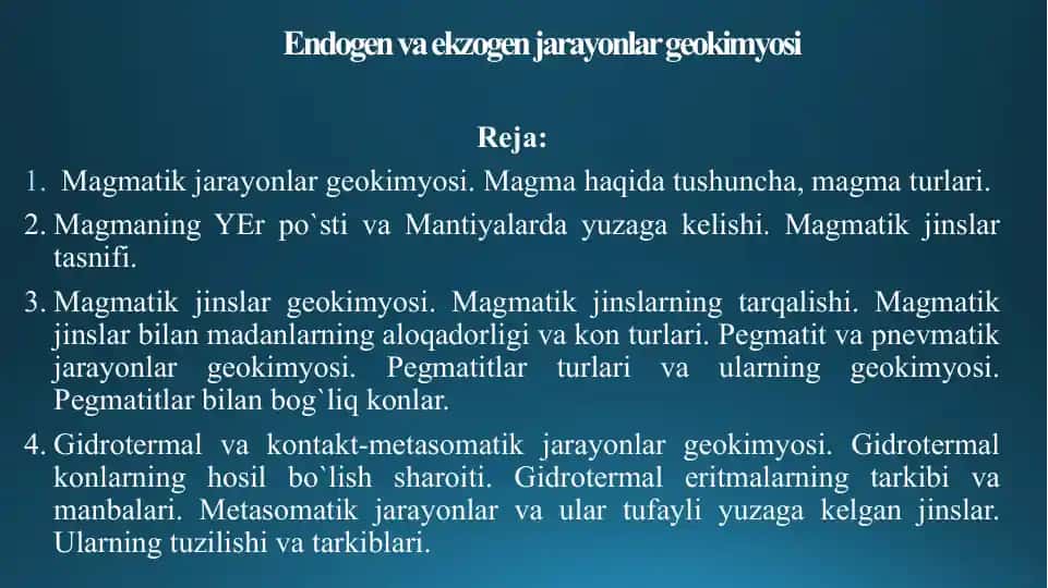 Endogеn va ekzogеn jarayonlargеokimyosi