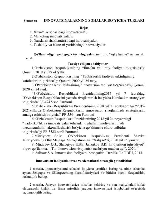 Innovatsionalarning Sohalar Bo‘yicha Turlari