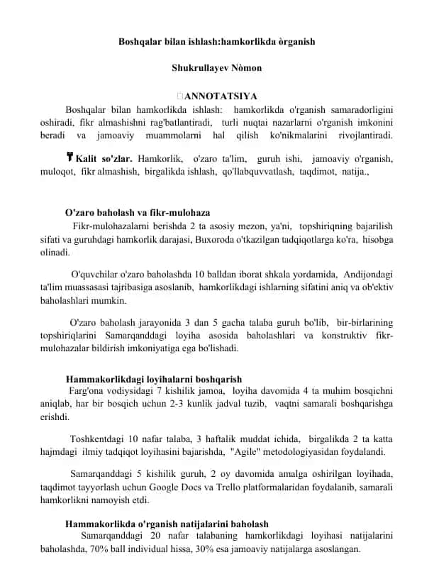 Hammakorlikda o'rganish va jamoaviy ish bo'yicha taqdimot