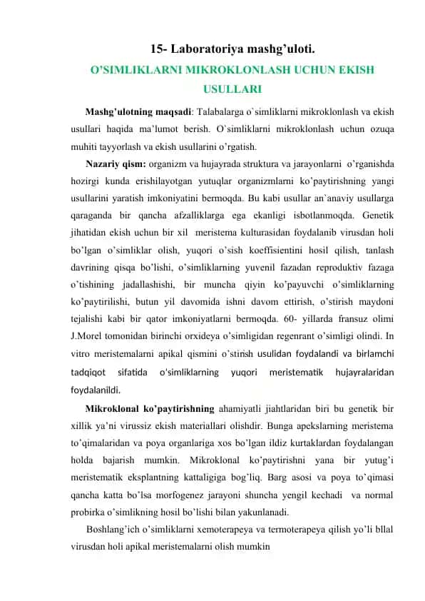 O'simliklarni Mikroklonlash va Ekish Usullari