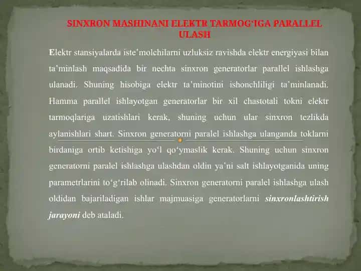 Sinxron mashinani elektr tarmogʻiga parallel ulash
