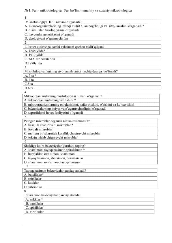 Mikrobiologiya fanidan test savollari