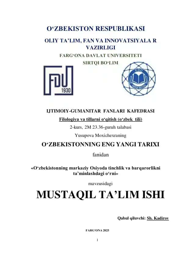 O‘zbekistonning markaziy Osiyoda tinchlik va barqarorlikni taʼminlashdagi oʻrni