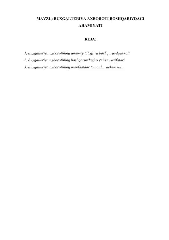 BUXGALTERIYA AXBOROTI BOSHQARIVDAGI AHAMIYATI