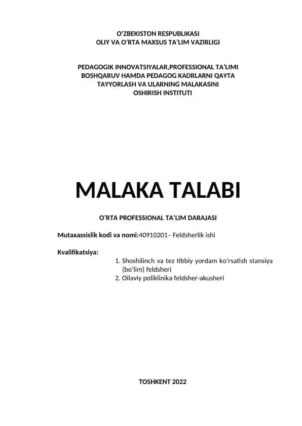 Oliy va o‘rta maxsus ta’lim sohasi bo‘yicha kasbiy ta’lim muassasalari standarti