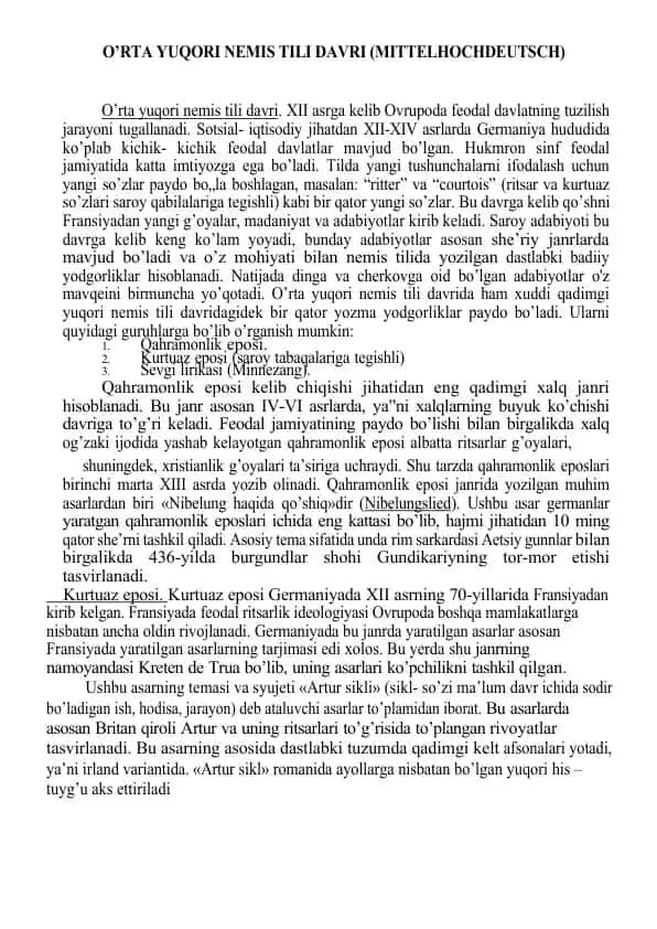 O’RTA YUQORI NEMIS TILI DAVRI (MITTELHOCHDEUTSCH)