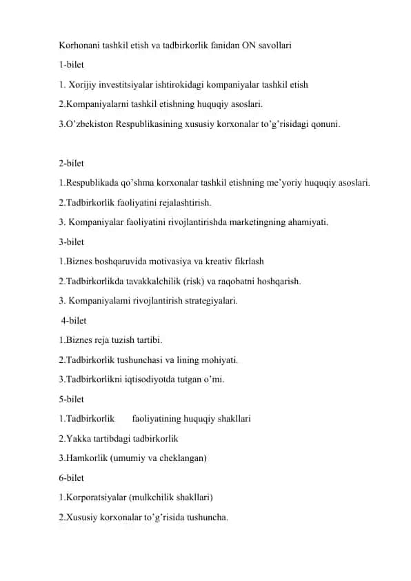 Korhonani tashkil etish va tadbirkorlik fanidan ON savollari