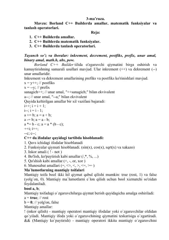 Borland C++ Builderda amallar, matematik funksiyalar va tanlash operatorlari
