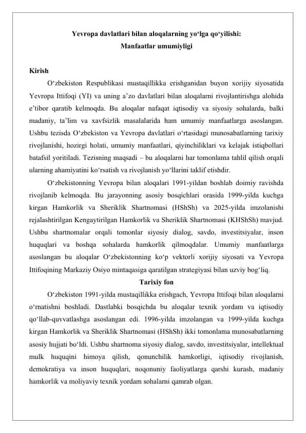 Yevropa davlatlari bilan aloqalarning yo‘lga qo‘yilishi tezis