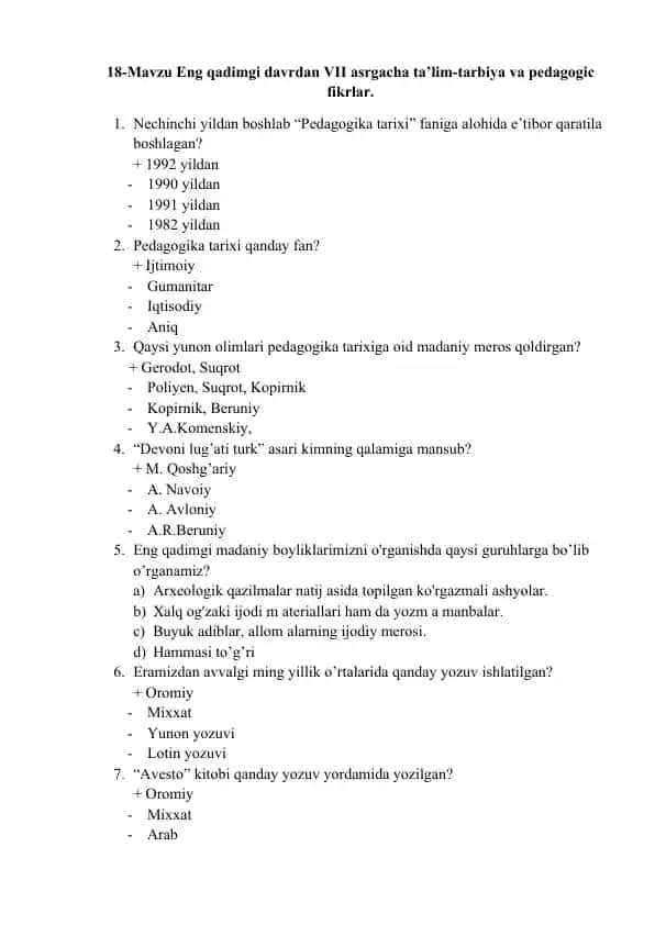 Pedagogika tarixi faniga alohida mavzu