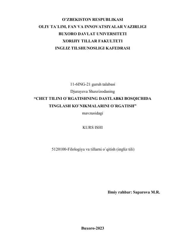 CHET TILINI O`RGATISHNING DASTLABKI BOSQICHIDA TINGLASH KO`NIKMALARINI O`RGATISH