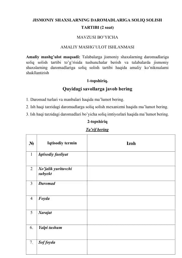 Jismoniy Shaxslarning Daromadlariga Soliq Solish Tartibi