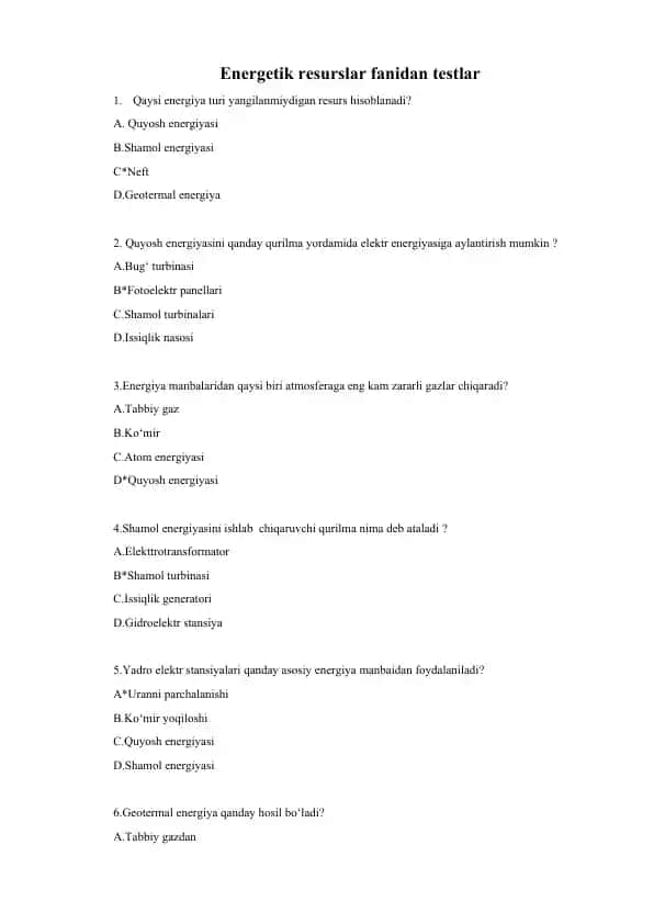 Energetik resurslar fanidan testlar
