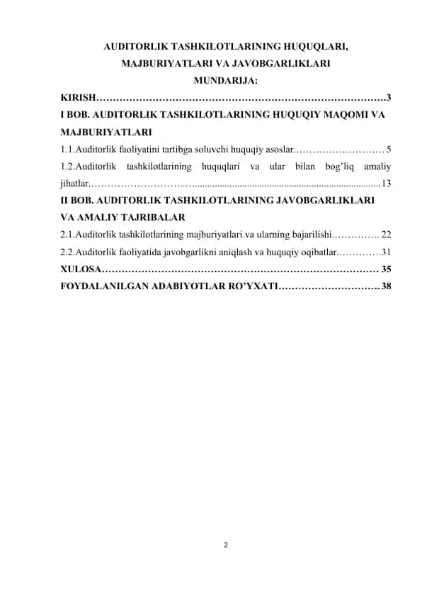 AUDITORLIK TASHKILOTLARINING HUQUQLARI, MAJBURIYATLARI VA JAVOBGARLIKLARI