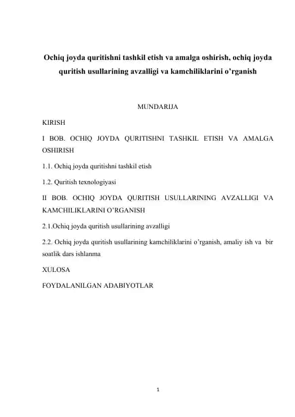 Ochiq joyda quritishni tashkil etish va amalga oshirish
