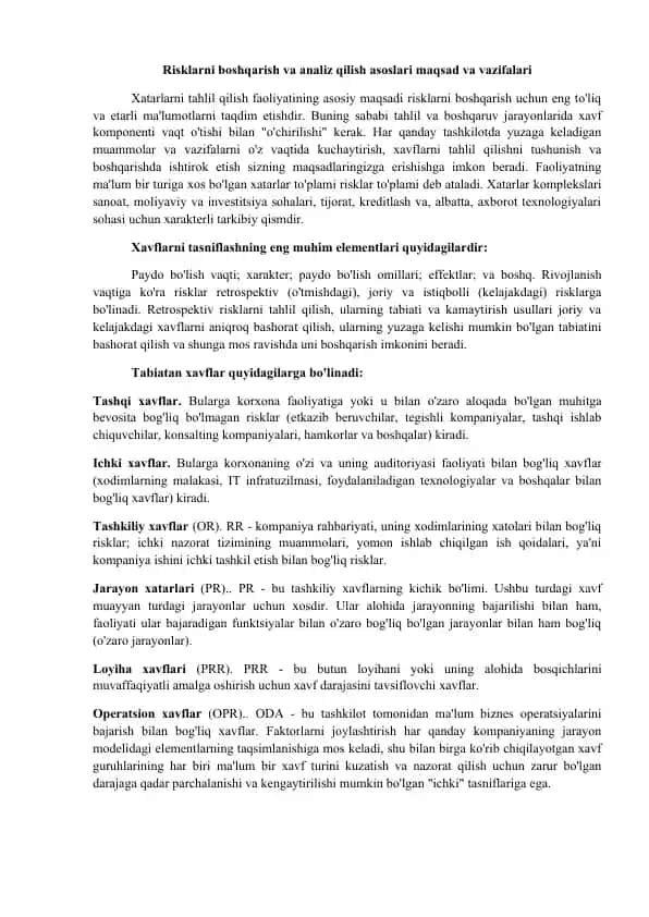 Risklarni boshqarish va analiz qilish asoslari maqsad va vazifalari