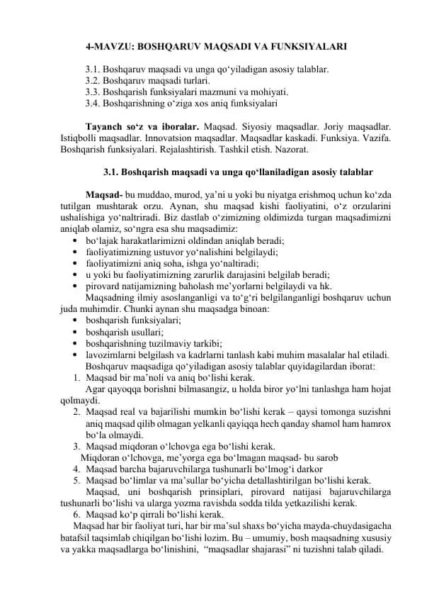 Boshqaruv Maqsadi va Funksiyalari