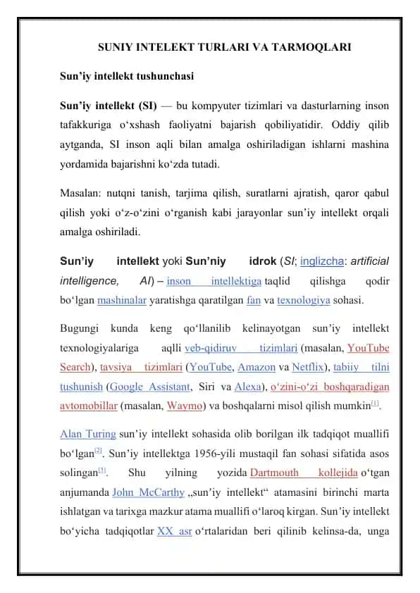 Suniy Intellekt Turlari va Tarmoqlari