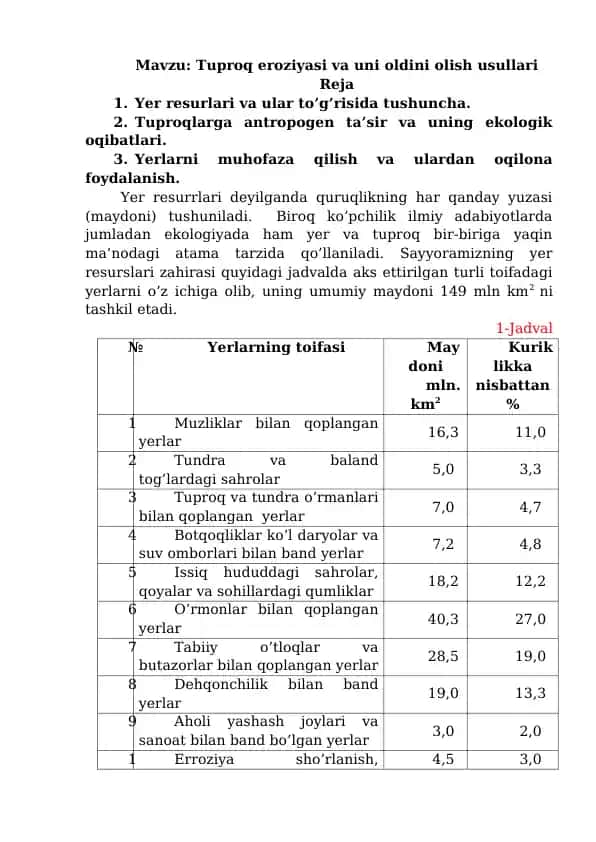 Tuproq eroziyasi va uni oldini olish usullari