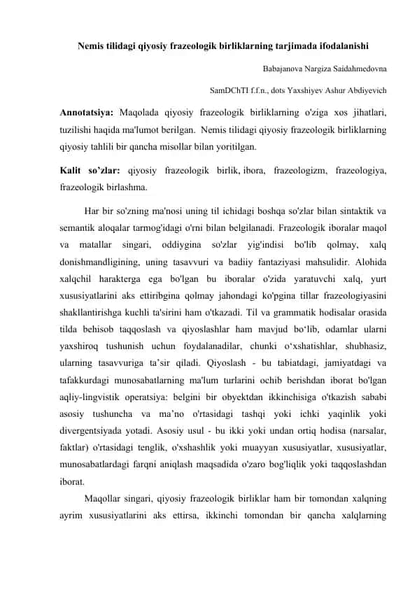 Nemis tilidagi qiyosiy frazeologik birliklarning tarjimada ifodalanishi