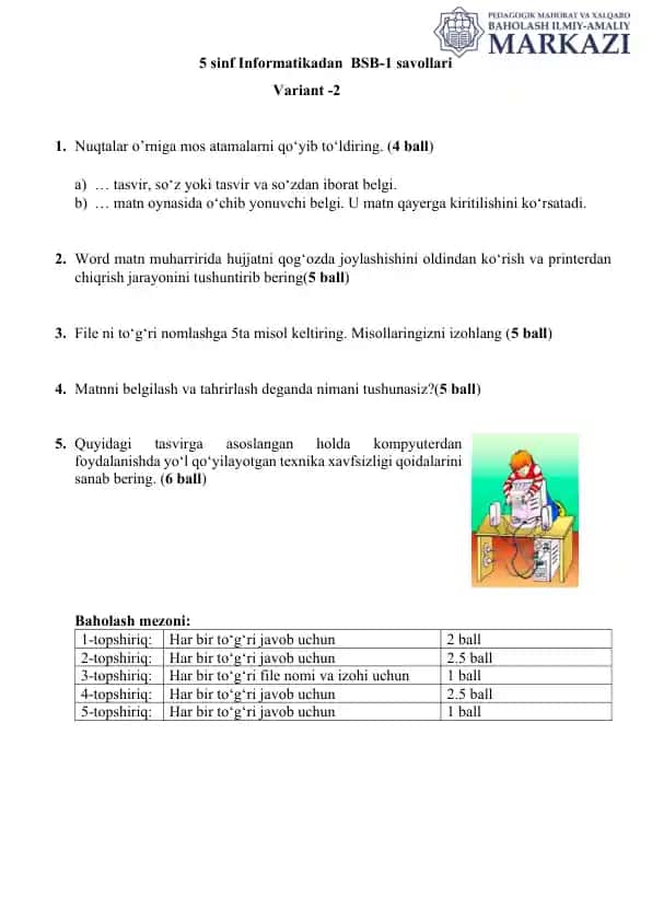 5-sinf Informatikadan BSB-1 savollari (Variant-2)