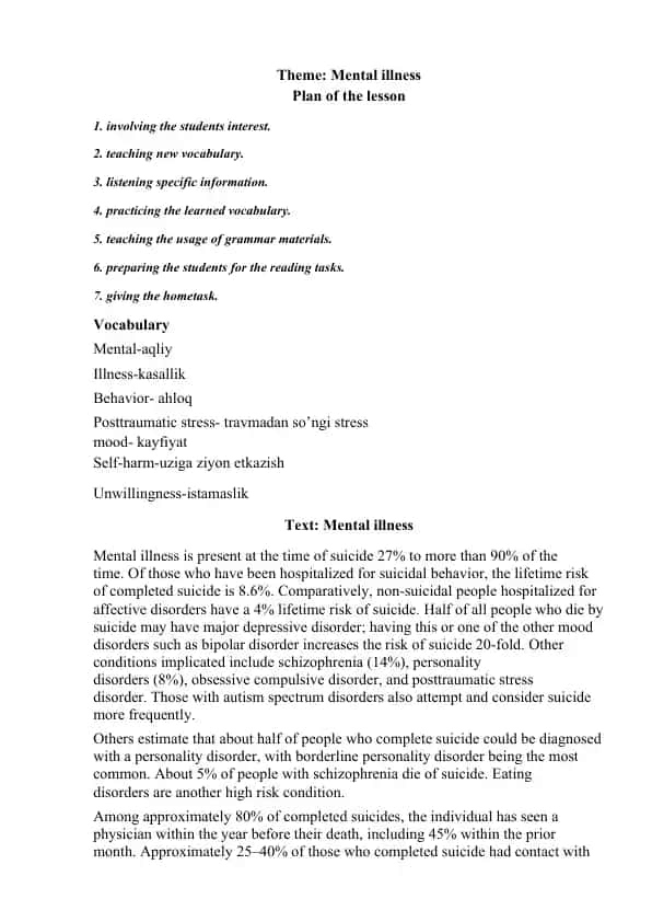English lesson plan on Mental Illness