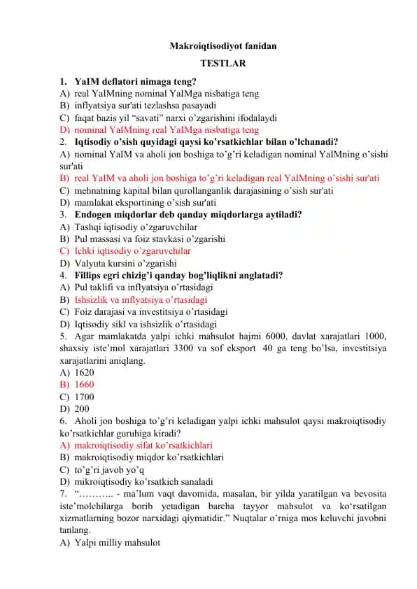 Makroiqtisodiyot fanidan TESTLAR