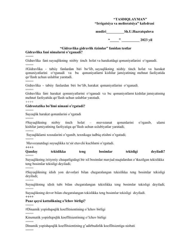Gidravlika fanidan testlar