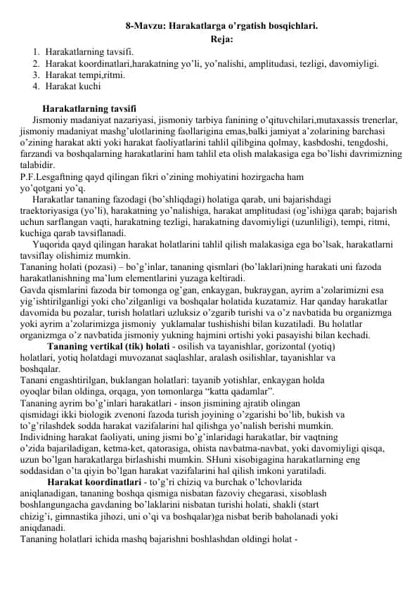 Harakatlarga o’rgatish bosqichlari