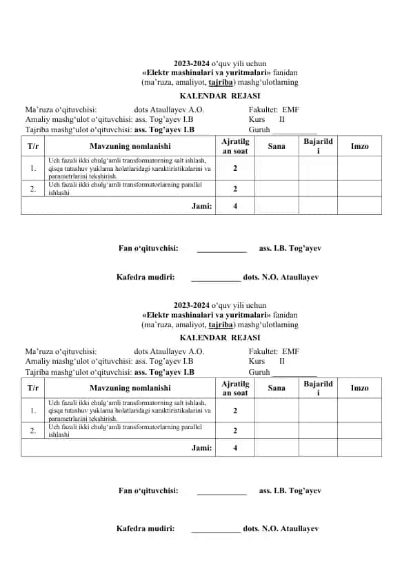 Elektr mashinalari va yuritmalari fanidan mashg'ulotlar kalendar rejasi