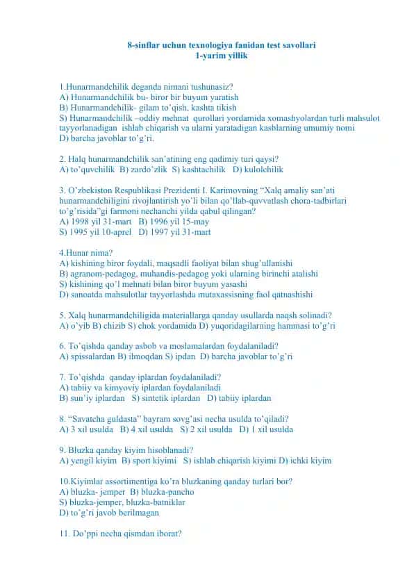 8-sinflar uchun texnologiya fanidan test savollari