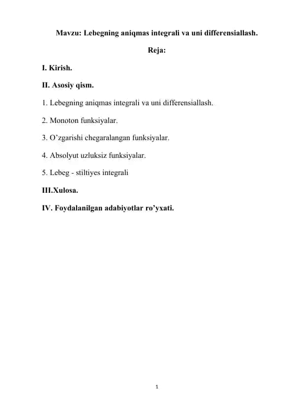 Lebegning aniqmas integrali va uni differensiallash