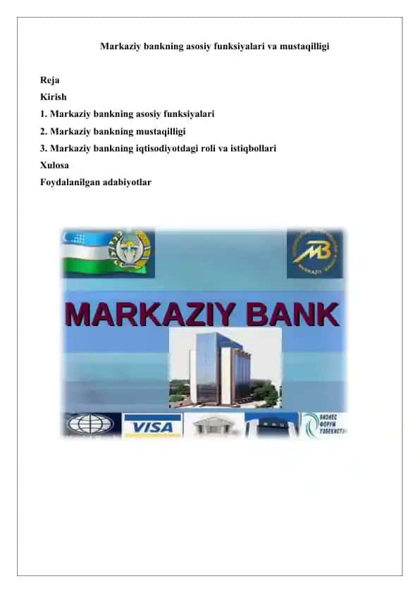 Markaziy bankning asosiy funksiyalari va mustaqilligi