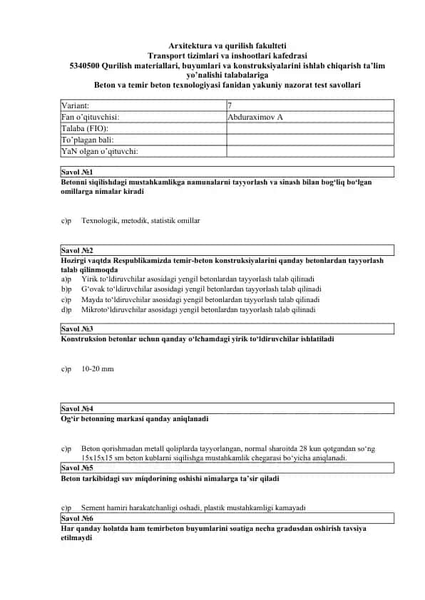 Qurilish materiallari, buyumlari va konstruksiyalarini ishlab chiqarish ta’lim yo’nalishi talabalariga