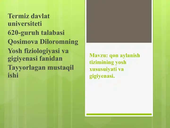 Qonaylanish tizimining yosh xususiyati va gigiyenasiga o'xshashi