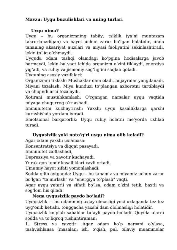 Uyqu buzulishlari va uning turlari