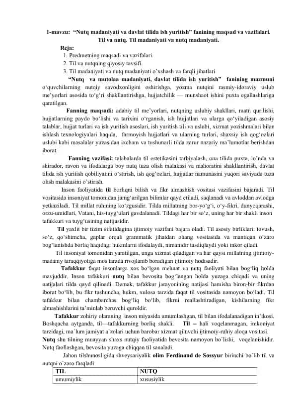 Nutq madaniyati va davlat tilida ish yuritish fanining maqsad va vazifalari