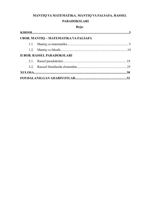 Mantiq va matematika. Mantiq va falsafa. Rassel paradokslari